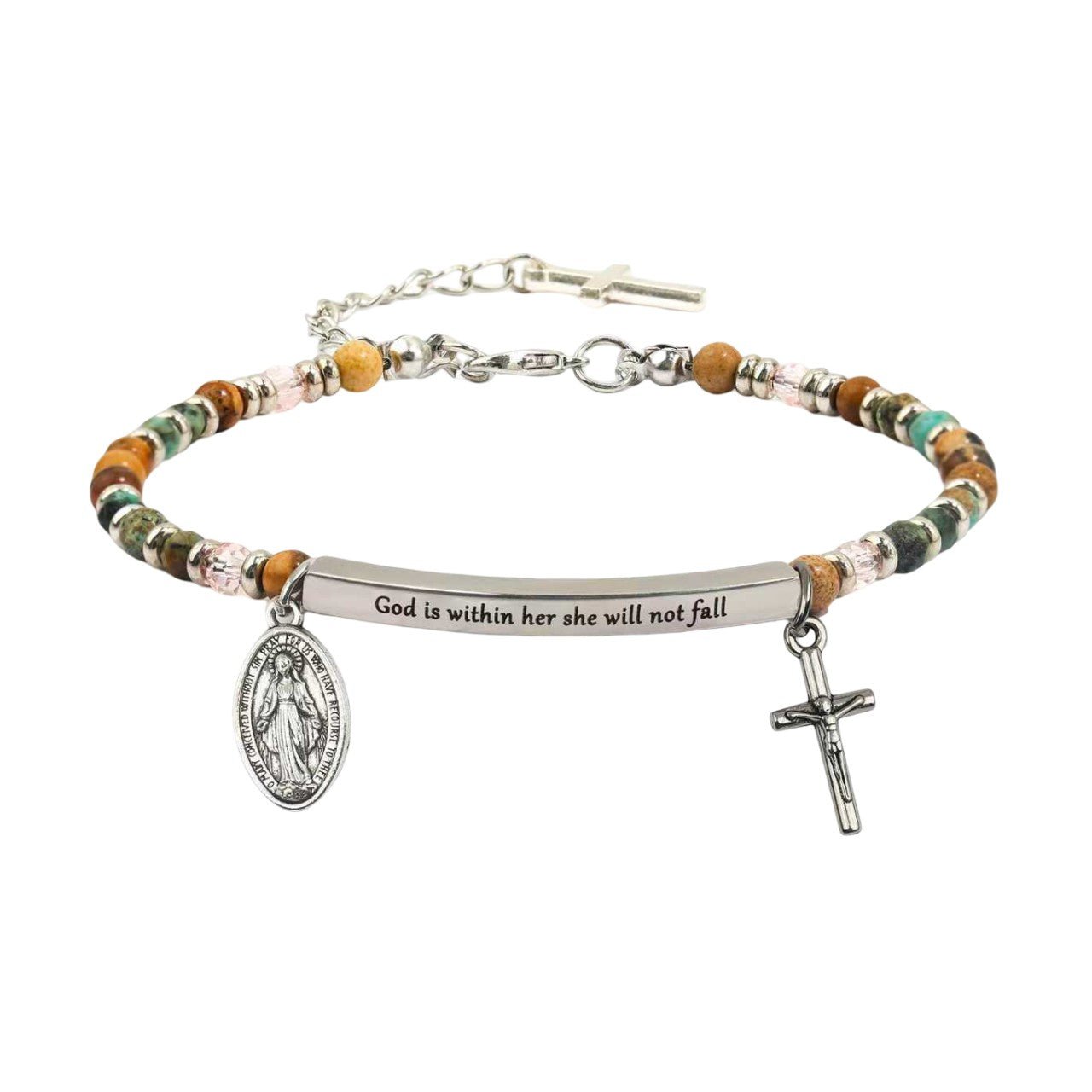 Personalisierbares Armband mit Naturstein-Perlen, religiöser Medaille und hängendem Kreuz, gravierbarer gebogener Röhrchen-Anhänger, Modell Trinity