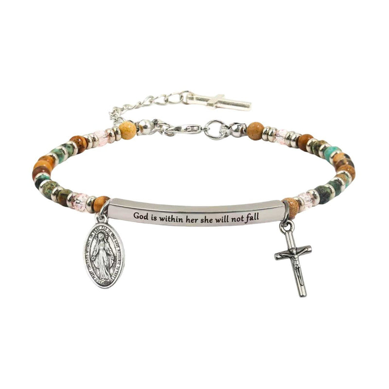 Personalisierbares Armband mit Naturstein-Perlen, religiöser Medaille und hängendem Kreuz, gravierbarer gebogener Röhrchen-Anhänger, Modell Trinity