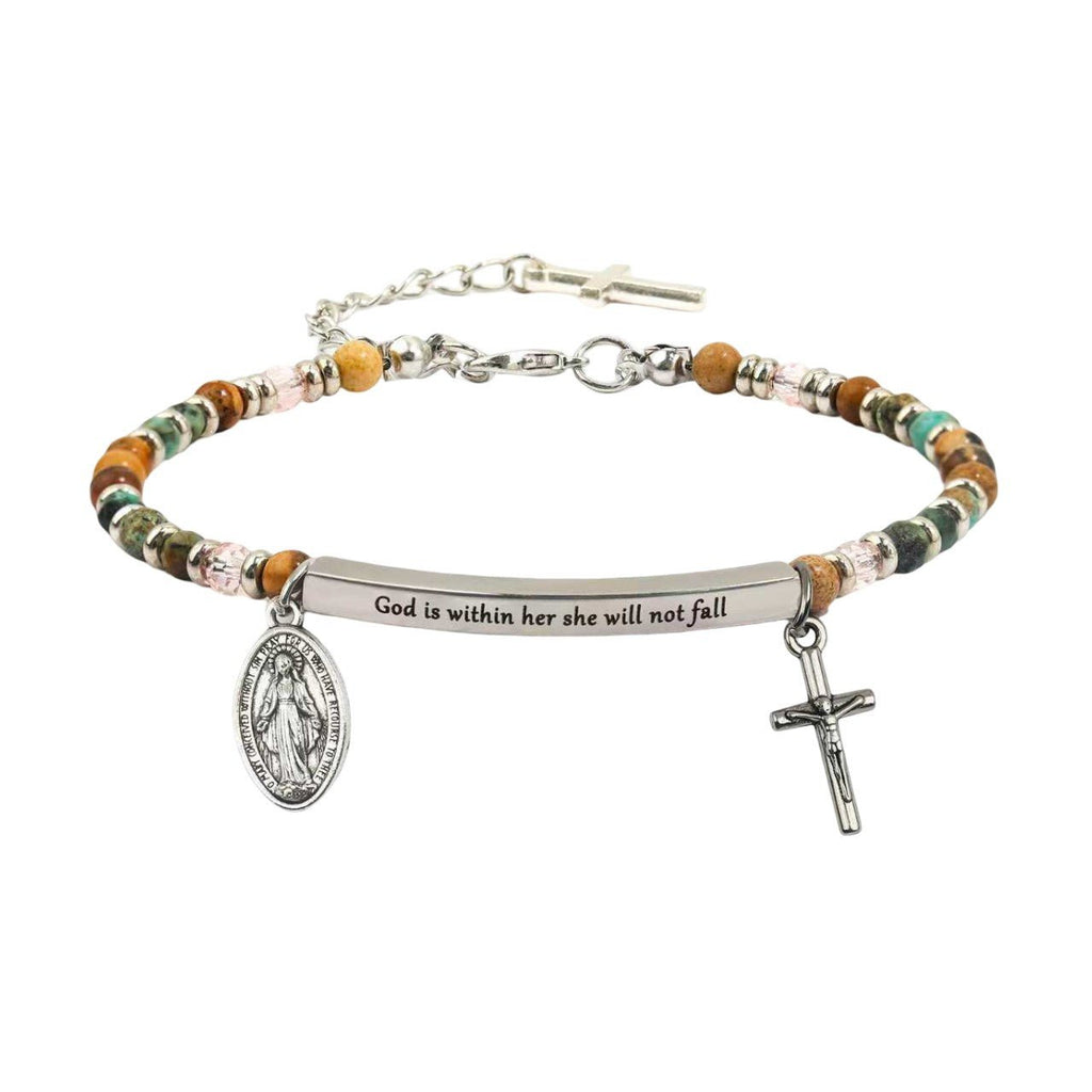 Personalisierbares Armband mit Naturstein-Perlen, religiöser Medaille und hängendem Kreuz, gravierbarer gebogener Röhrchen-Anhänger, Modell Trinity