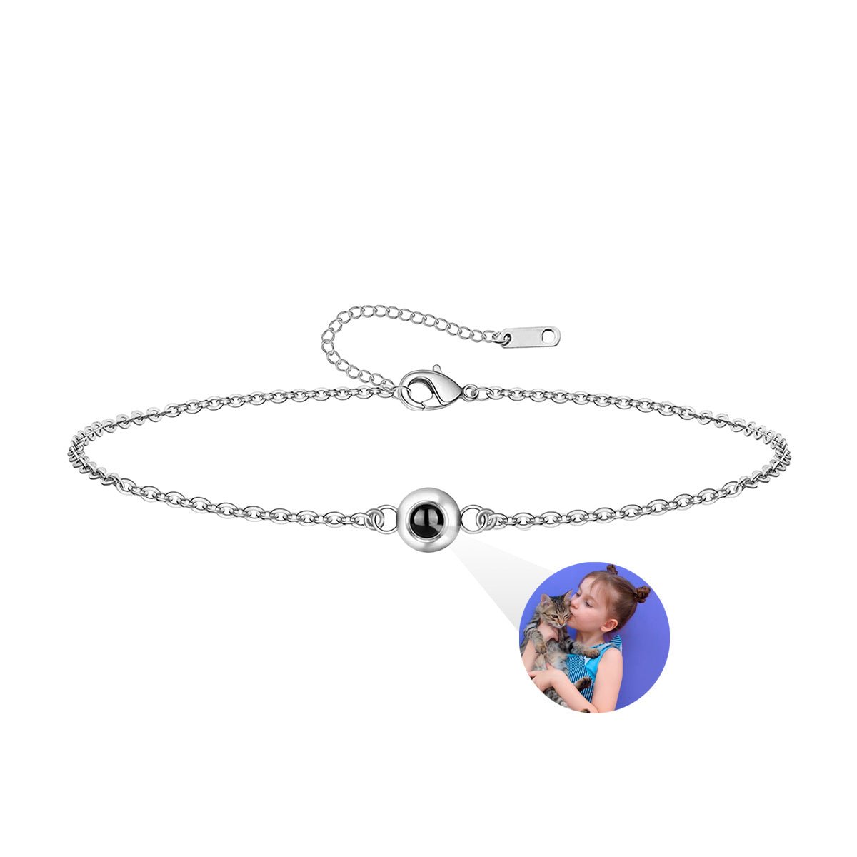 Bracelet en acier inoxydable argenté avec chaîne fine ajustable et pendentif boule à projection photo.