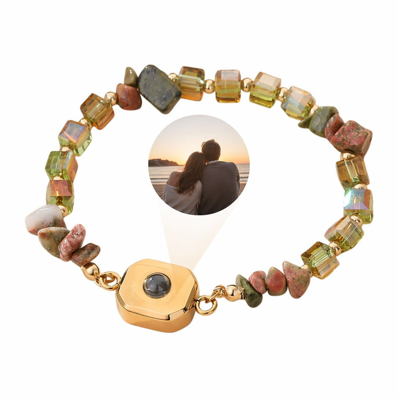 Personligt armbånd med projiceret foto, ægte natursten, unikt følelsesladet smykke, model Dumbi