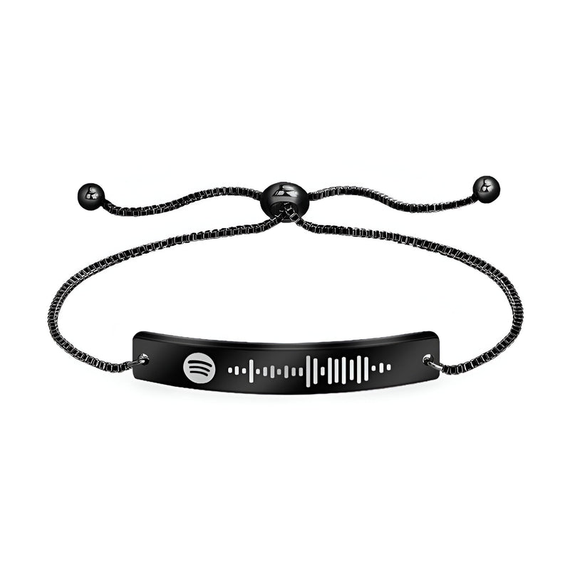 Bracelet gourmette noir ajustable avec plaque Spotify gravée et fermoir coulissant noir mat.