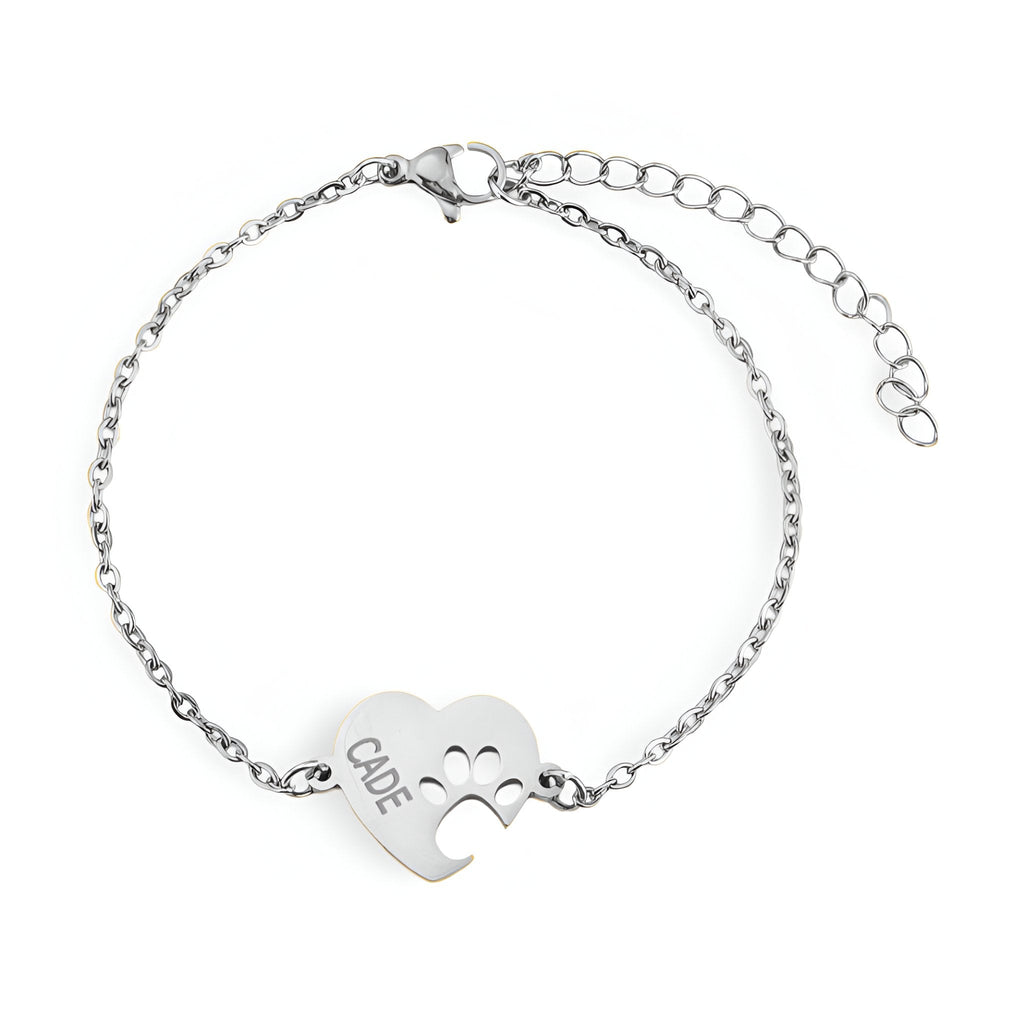 Bracelet en titane argenté avec cœur et empreinte de patte gravée "Cœur".