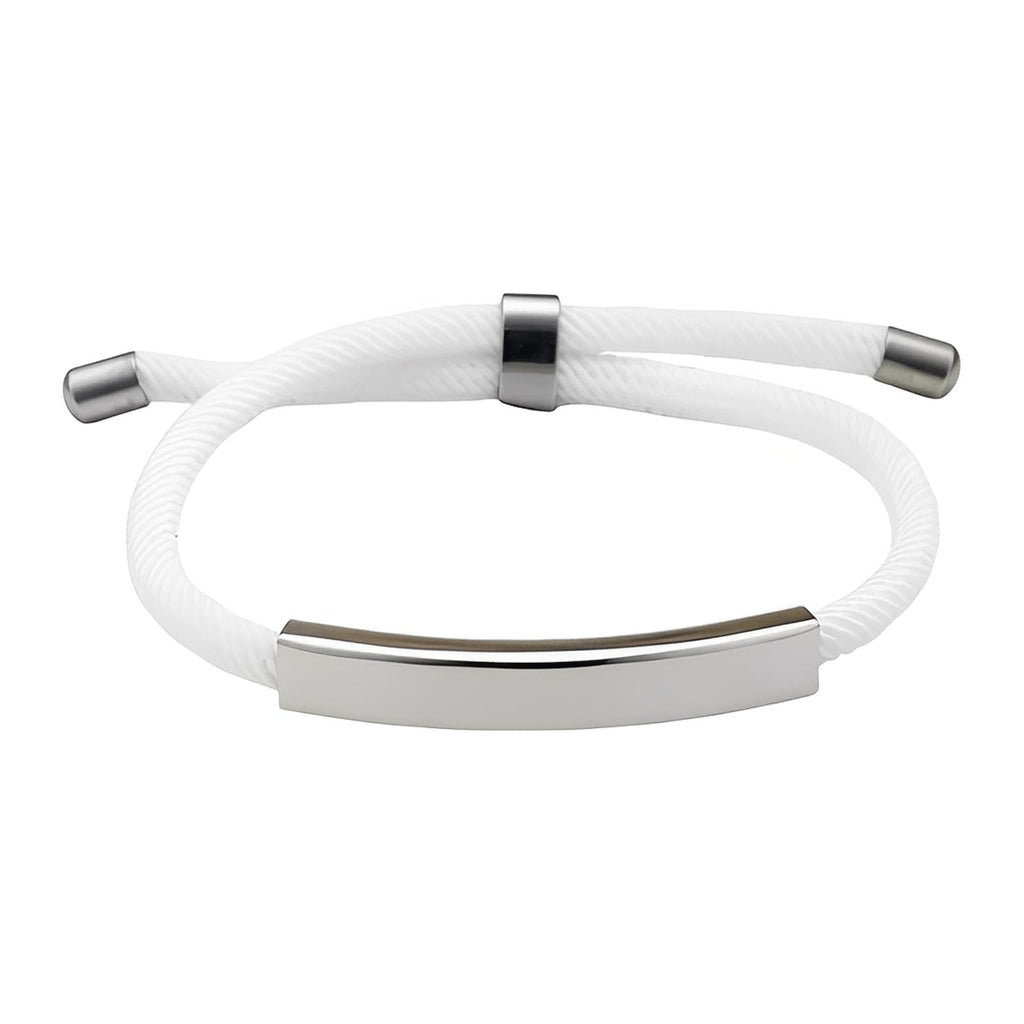 Bracelet cordon nylon blanc avec barre et embouts en acier inoxydable, fermoir coulissant réglable.