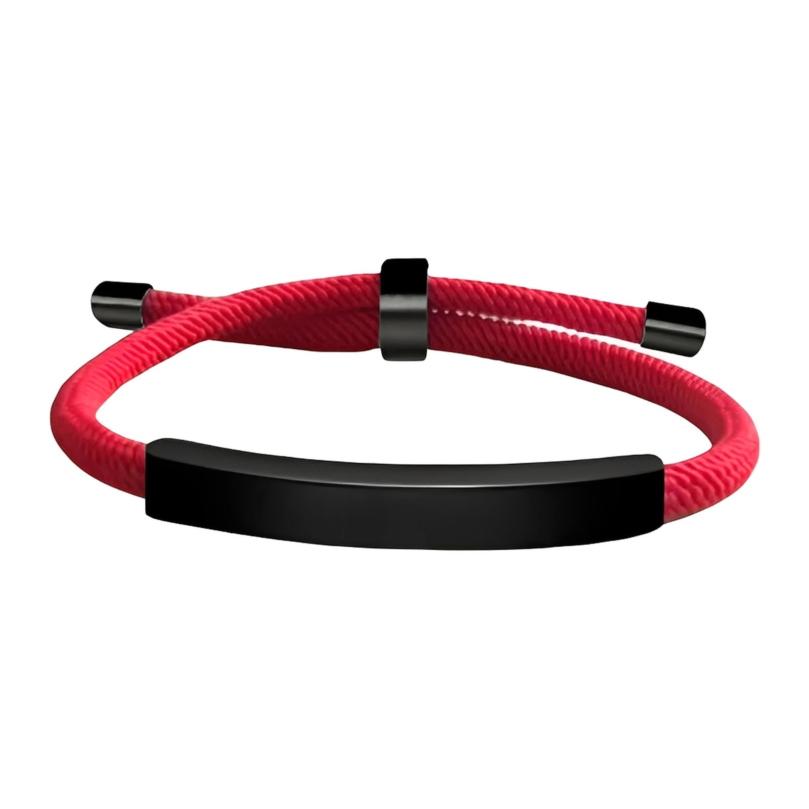 Bracelet cordon nylon rouge avec barre et fermoir coulissant en acier inoxydable noir mat.