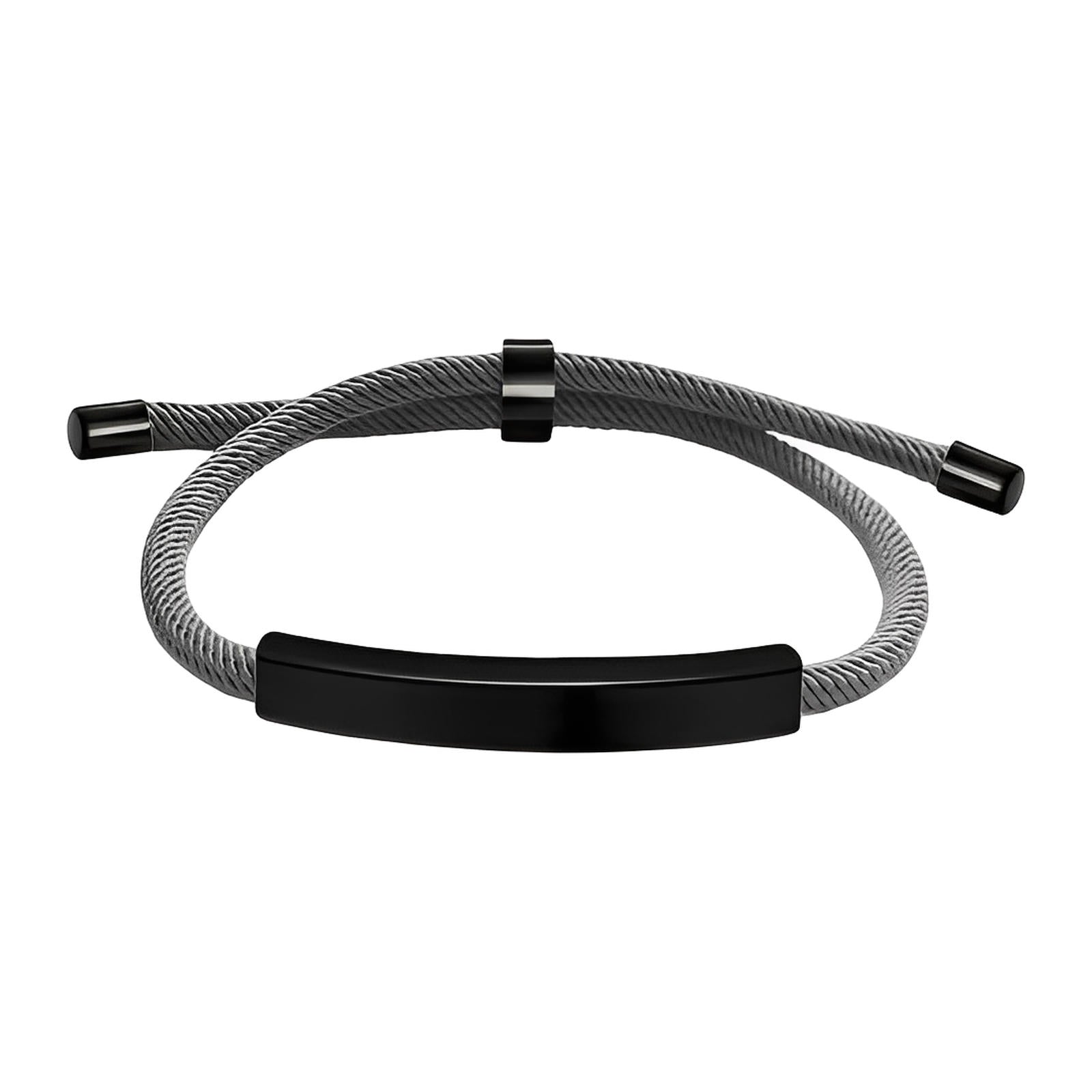 Bracelet cordon nylon gris avec barre noire en acier inoxydable et fermoir coulissant.