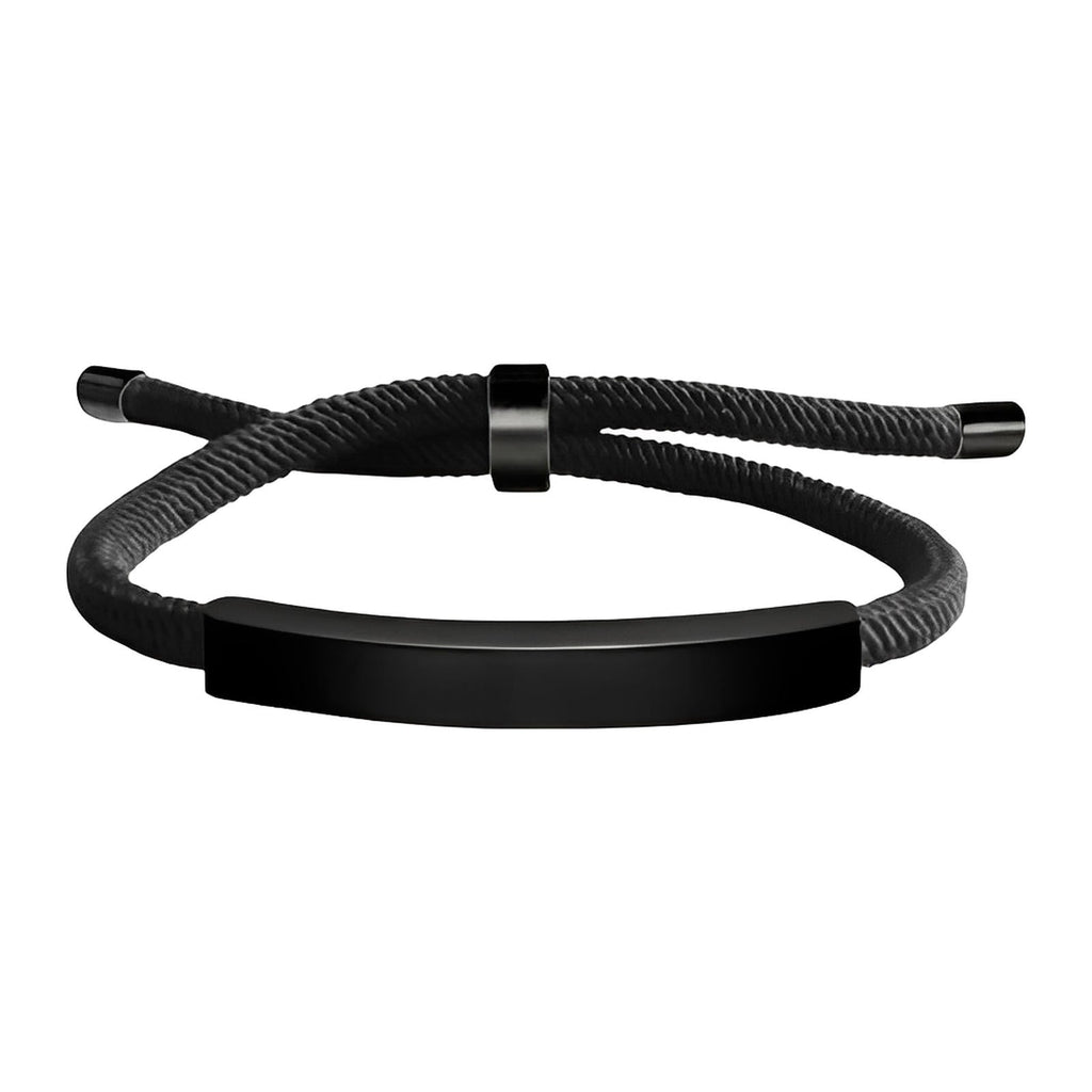 Bracelet noir en cordon nylon avec barre en acier inoxydable et fermoir coulissant ajustable.