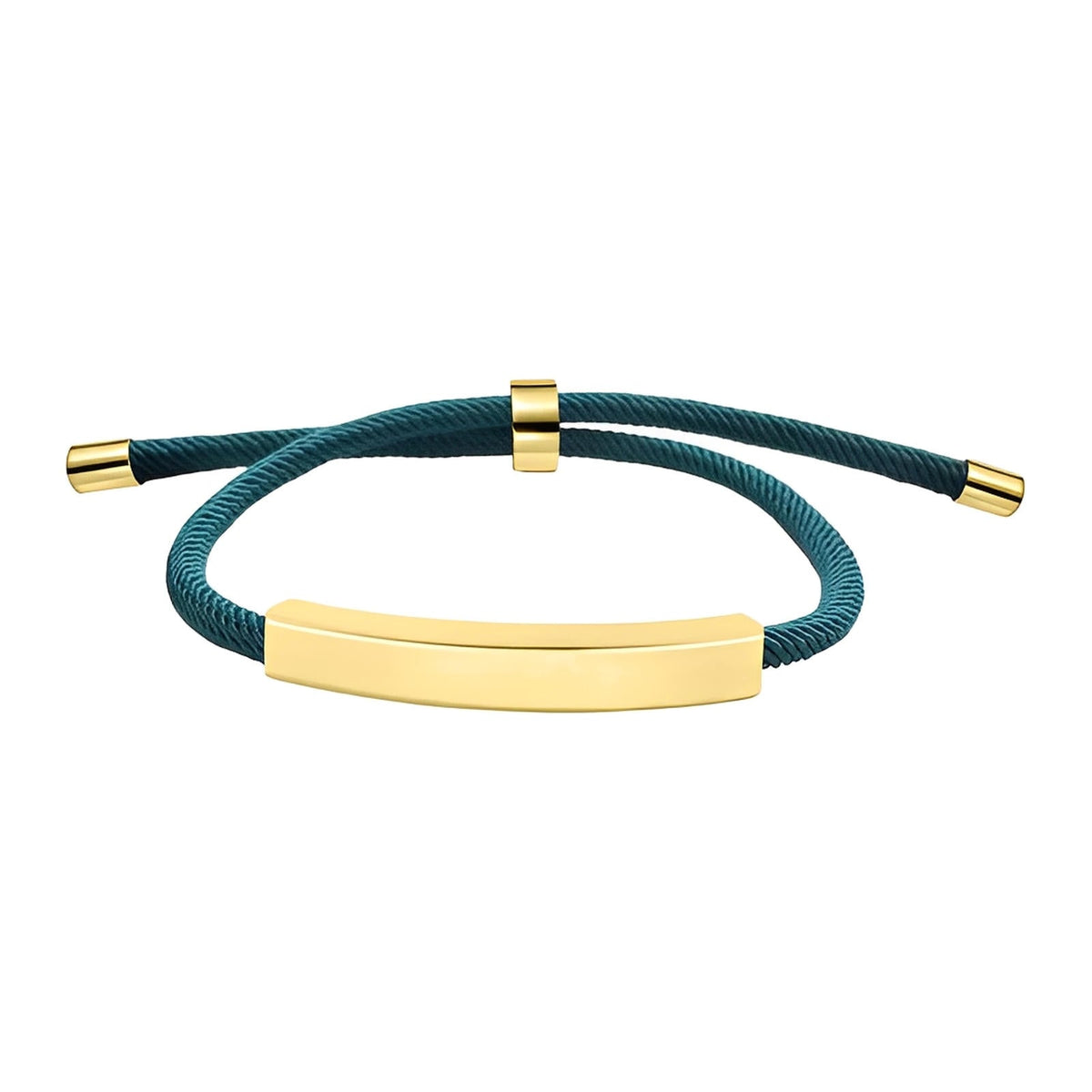 Bracelet cordon nylon bleu avec barre et fermoir coulissant en acier inox doré.