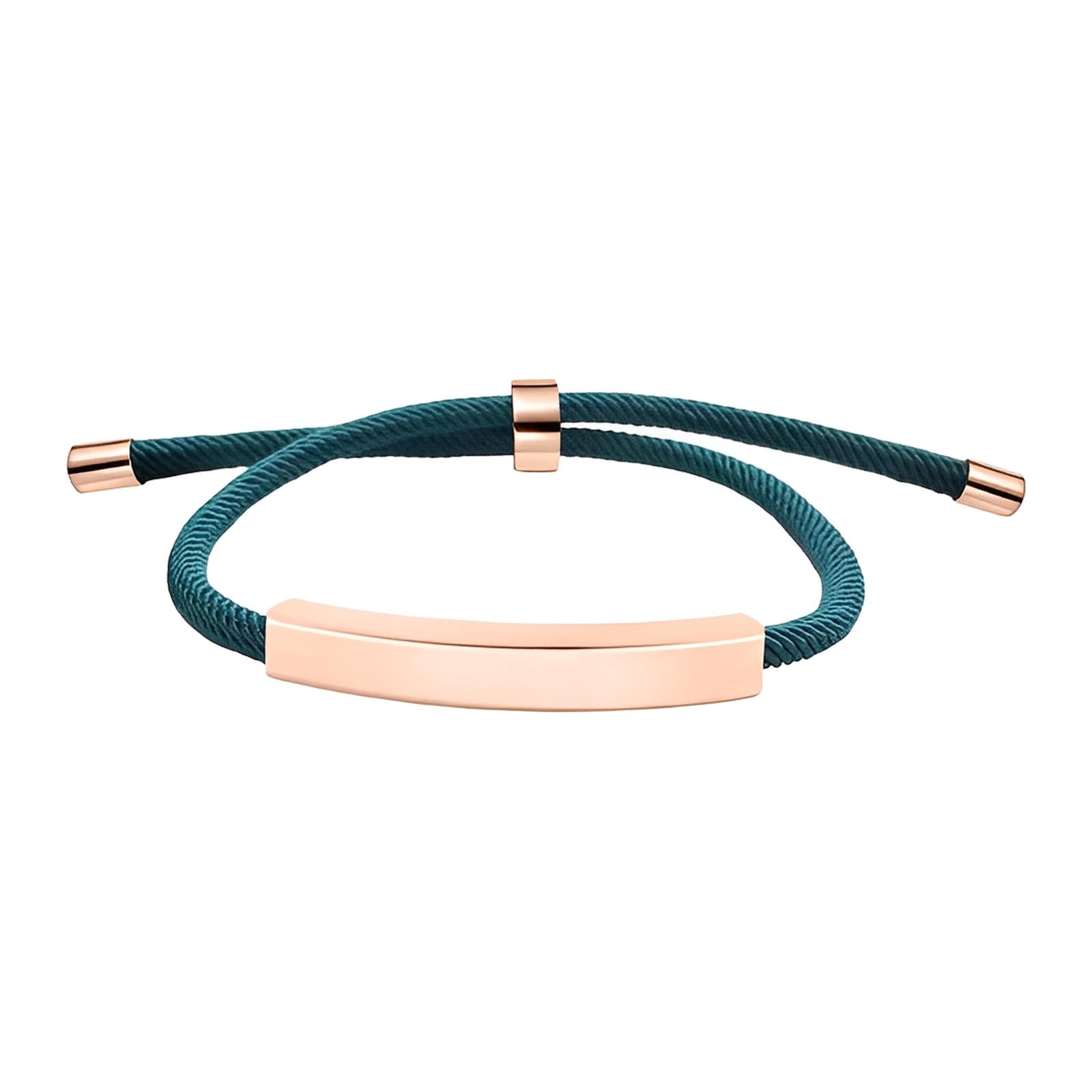 Bracelet cordon nylon bleu marine avec barre personnalisable en acier inoxydable doré rose et fermoir coulissant.