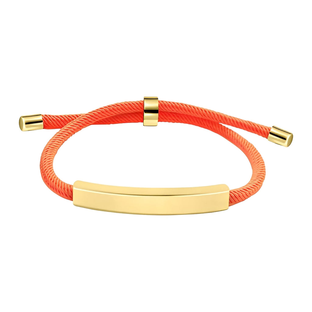 Bracelet cordon nylon orange avec barre acier inoxydable doré et fermoir coulissant doré.