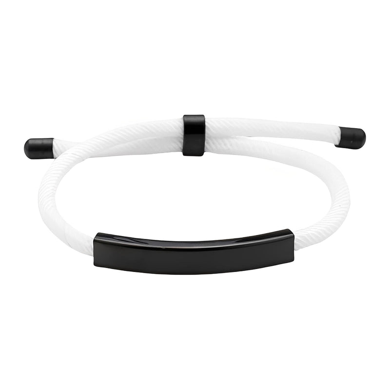 Bracelet cordon nylon blanc avec barre et fermoir coulissant en acier inoxydable noir.
