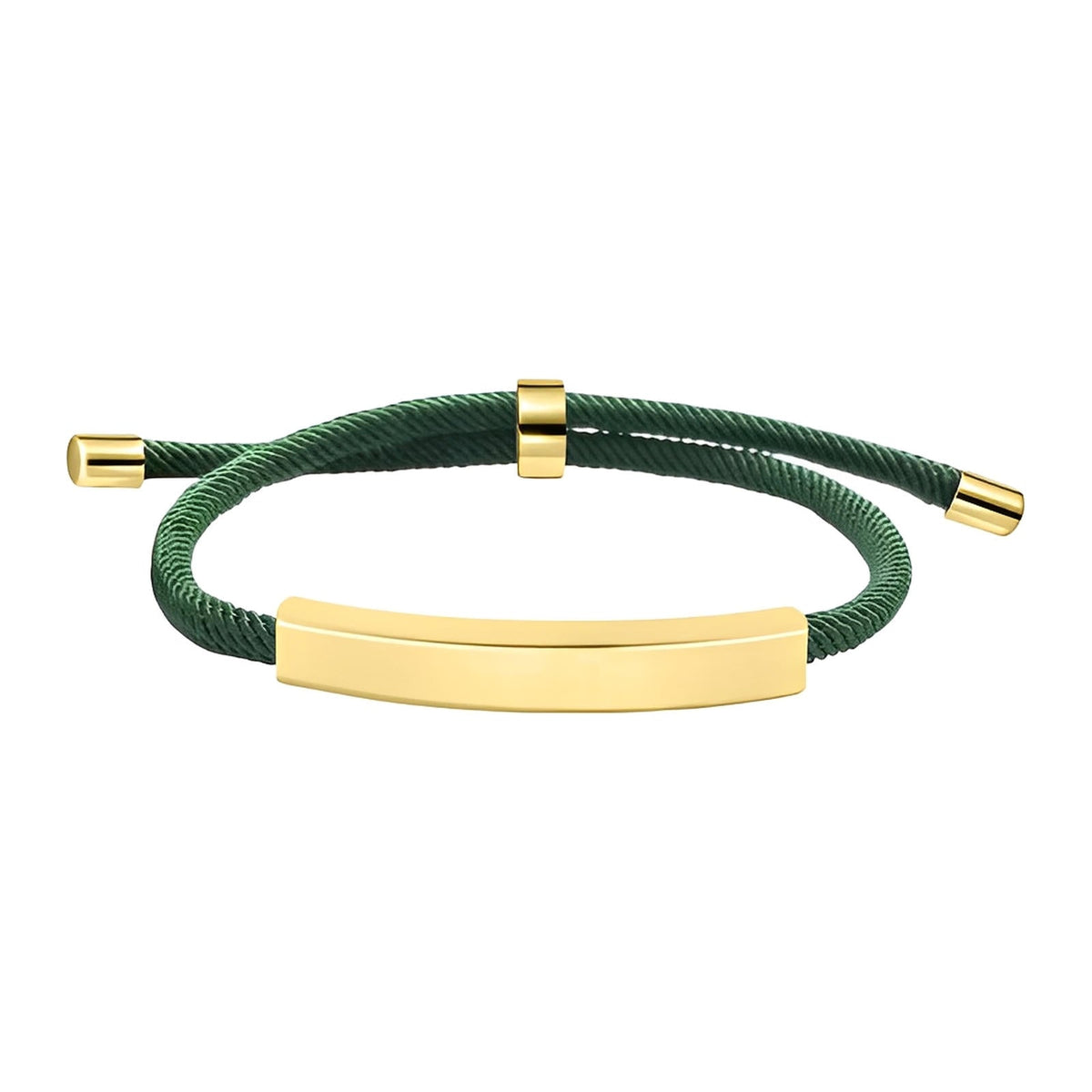 Bracelet cordon vert en nylon avec barre et embouts en acier inox doré, fermoir coulissant ajustable.