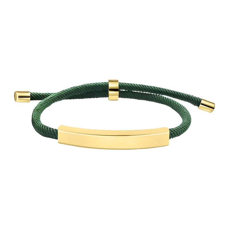 Bracelet cordon vert en nylon avec barre et embouts en acier inox doré, fermoir coulissant ajustable.