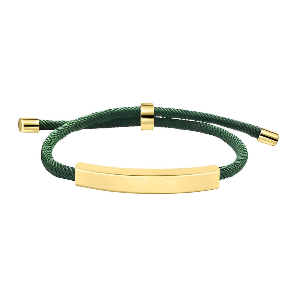 Bracelet cordon vert en nylon avec barre et embouts en acier inox doré, fermoir coulissant ajustable.