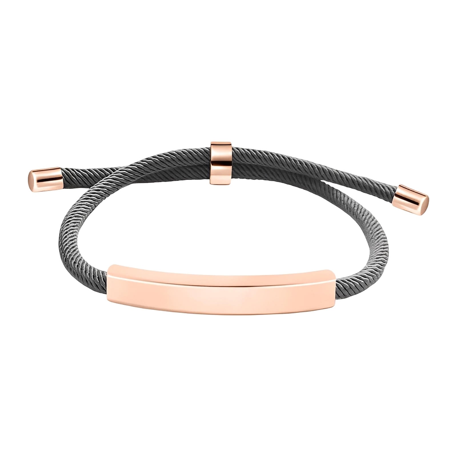 Bracelet cordon nylon gris avec barre et fermoir coulissant en acier inoxydable couleur or rose.
