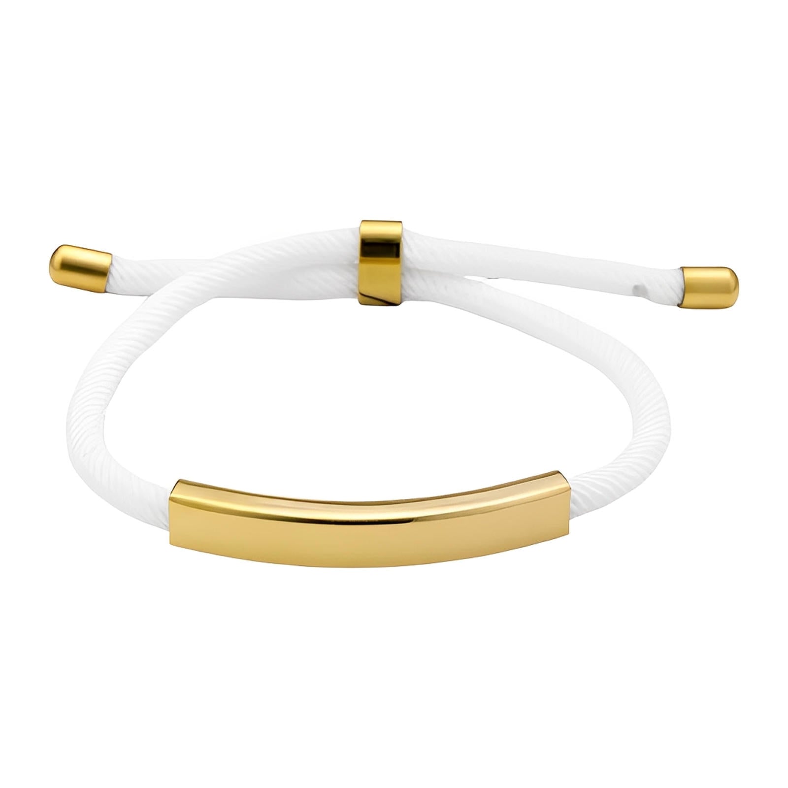 Bracelet cordon nylon blanc avec barre en acier inoxydable doré et fermoir coulissant doré.