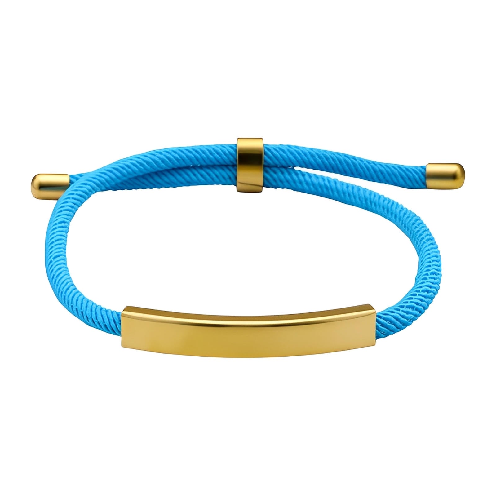 Bracelet en nylon bleu avec barre et embouts en acier inoxydable doré, fermoir coulissant ajustable.