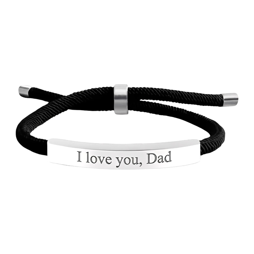 Bracelet cordon noir en nylon avec barre en acier inoxydable gravée "I love you, Dad" et fermoir coulissant acier.