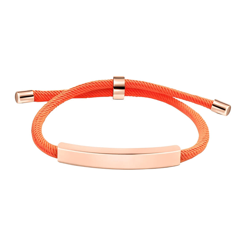 Bracelet cordon nylon orange avec barre et embouts en acier inoxydable doré rose, fermoir coulissant.