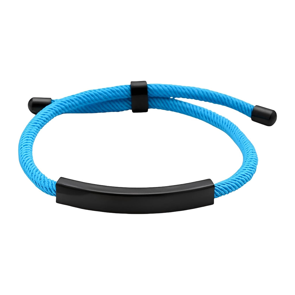 Bracelet cordon nylon bleu avec barre et fermoir coulissant en acier inoxydable noir.