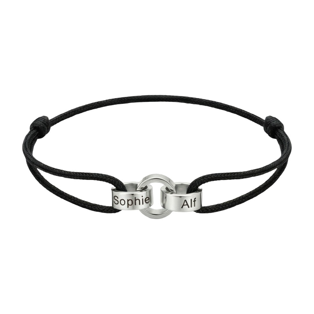 Personalisierbares Armband für Paare, Freunde oder Familie mit ineinander verschlungenen Ringen, verstellbarem Band, Namensgravur, Symbol für ewige Verbundenheit, Modell Pantor