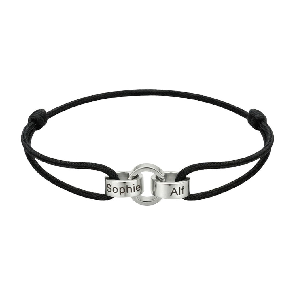 Personalisierbares Armband für Paare, Freunde oder Familie mit ineinander verschlungenen Ringen, verstellbarem Band, Namensgravur, Symbol für ewige Verbundenheit, Modell Pantor