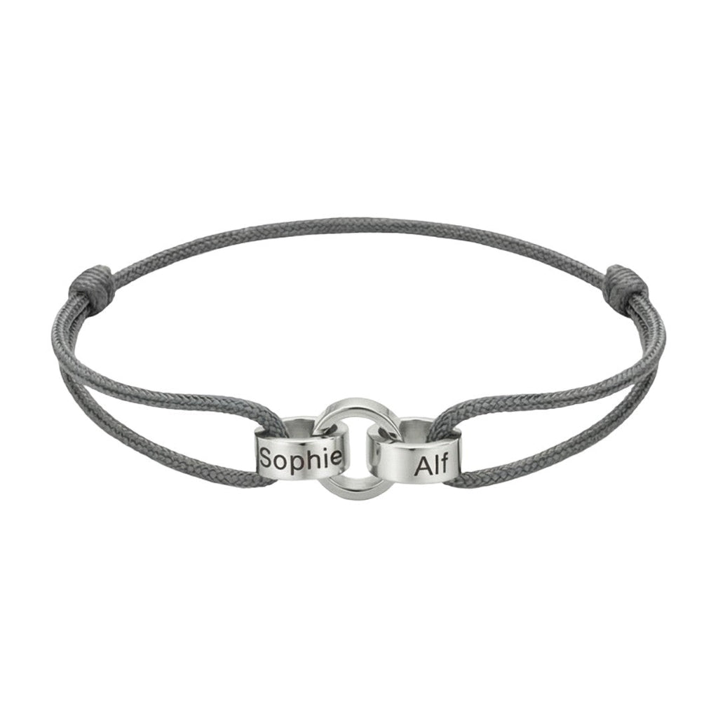 Personalisierbares Armband für Paare, Freunde oder Familie mit ineinander verschlungenen Ringen, verstellbarem Band, Namensgravur, Symbol für ewige Verbundenheit, Modell Pantor