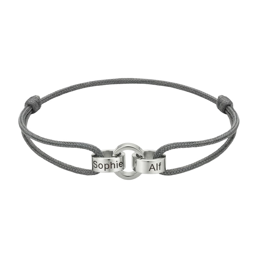 Personalisierbares Armband für Paare, Freunde oder Familie mit ineinander verschlungenen Ringen, verstellbarem Band, Namensgravur, Symbol für ewige Verbundenheit, Modell Pantor