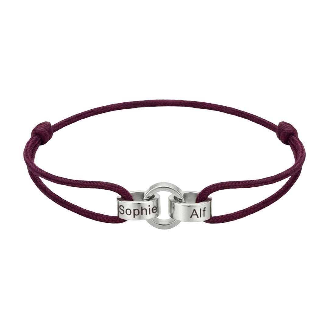Personalisierbares Armband für Paare, Freunde oder Familie mit ineinander verschlungenen Ringen, verstellbarem Band, Namensgravur, Symbol für ewige Verbundenheit, Modell Pantor