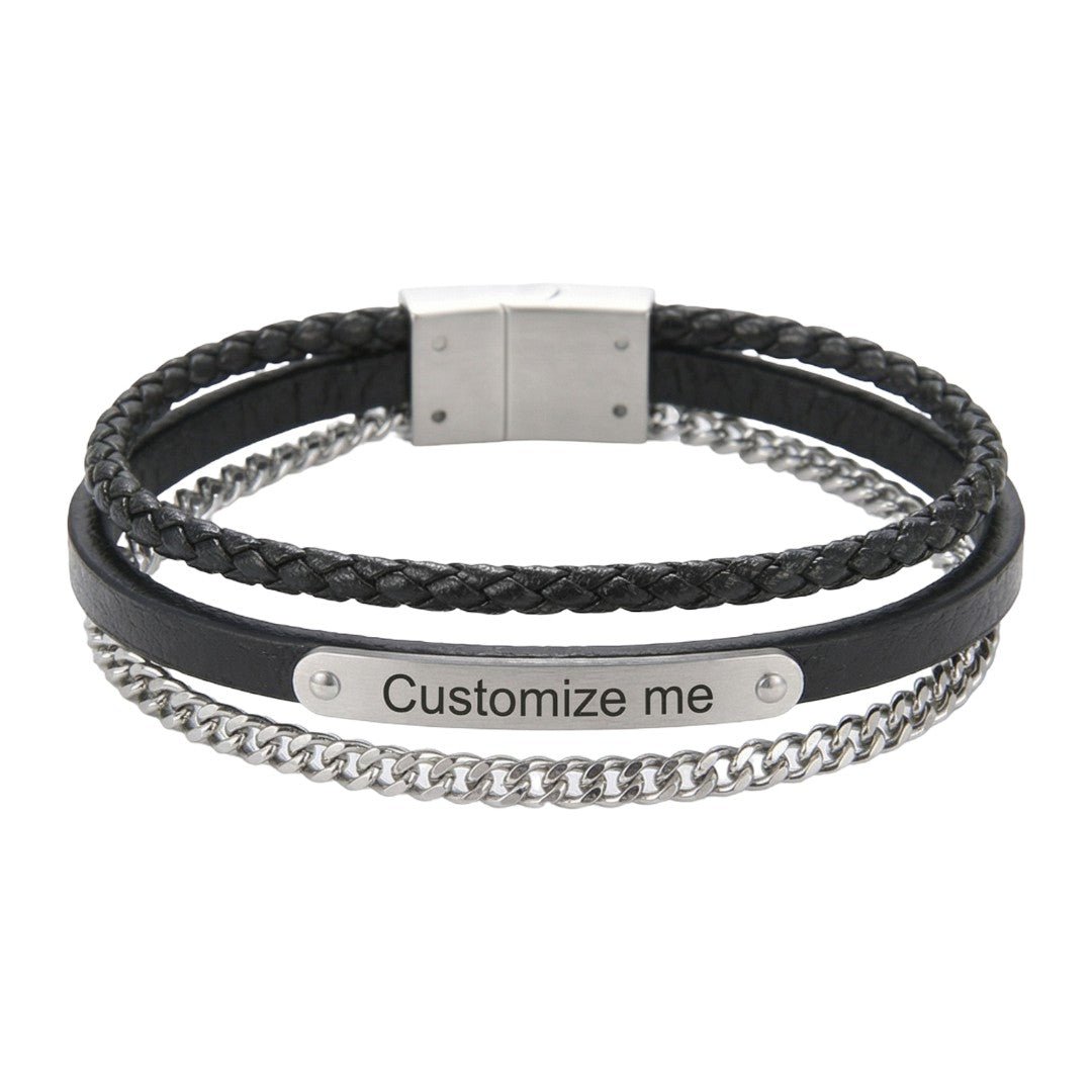 Bracelet homme noir cuir tressé et chaîne acier argenté avec plaque gravée personnalisable et fermeture magnétique.