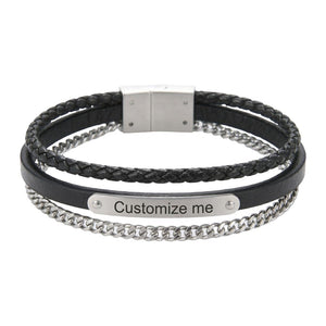 Bracelet homme noir cuir tressé et chaîne acier argenté avec plaque gravée personnalisable et fermeture magnétique.