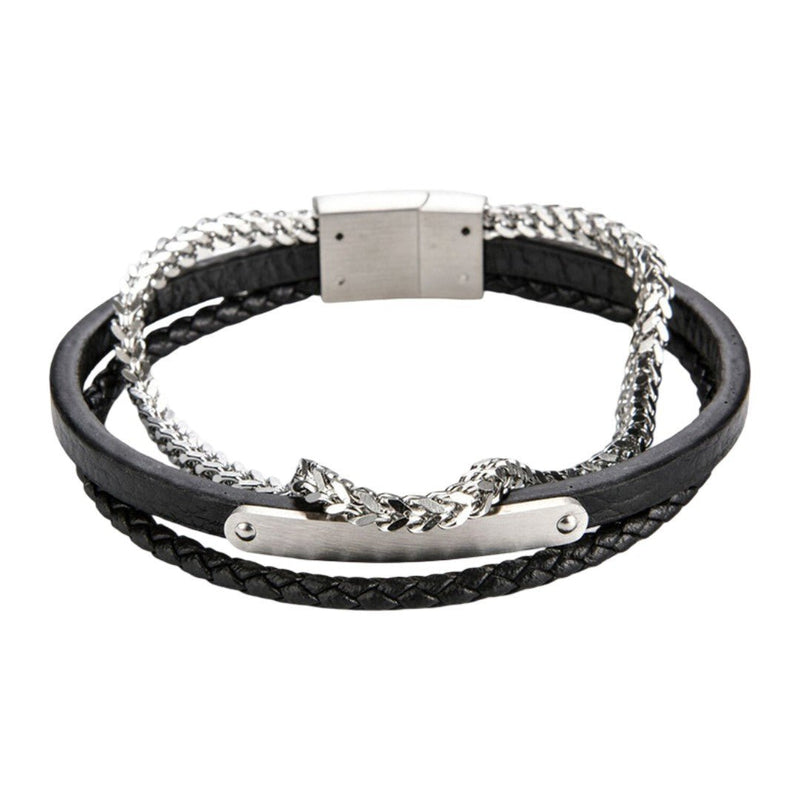 Bracelet pour homme avec cuir noir tressé et lisse, chaîne acier argentée, plaque métallique gravable, fermeture magnétique.