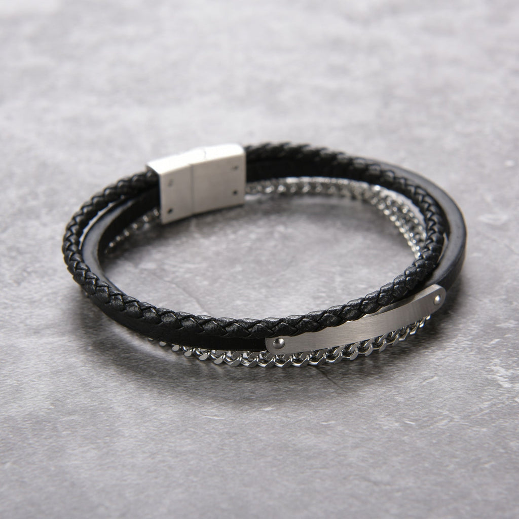 Bracelet homme double tour cuir noir tressé et chaîne acier argenté, fermeture magnétique acier inoxydable.