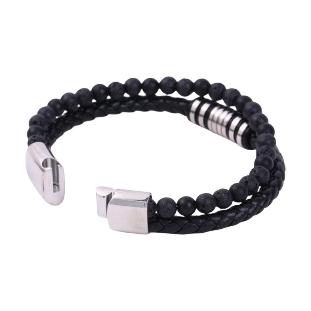 Bracelet personnalisé double rang en pierre volcanique et croûte de cuir, fermoir magnétique, gravure offerte, modèle Gusto