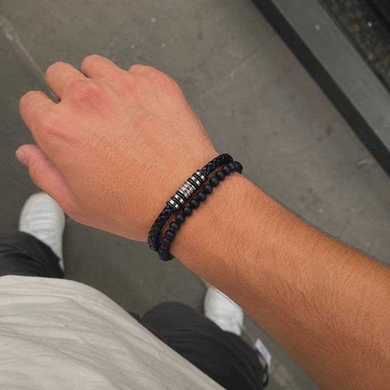 Bracelet personnalisé double rang en pierre volcanique et croûte de cuir, fermoir magnétique, gravure offerte, modèle Gusto