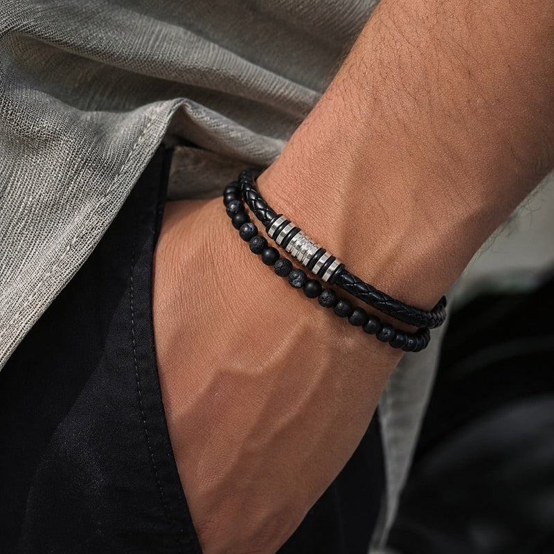 Bracelet personnalisé double rang en pierre volcanique et croûte de cuir, fermoir magnétique, gravure offerte, modèle Gusto