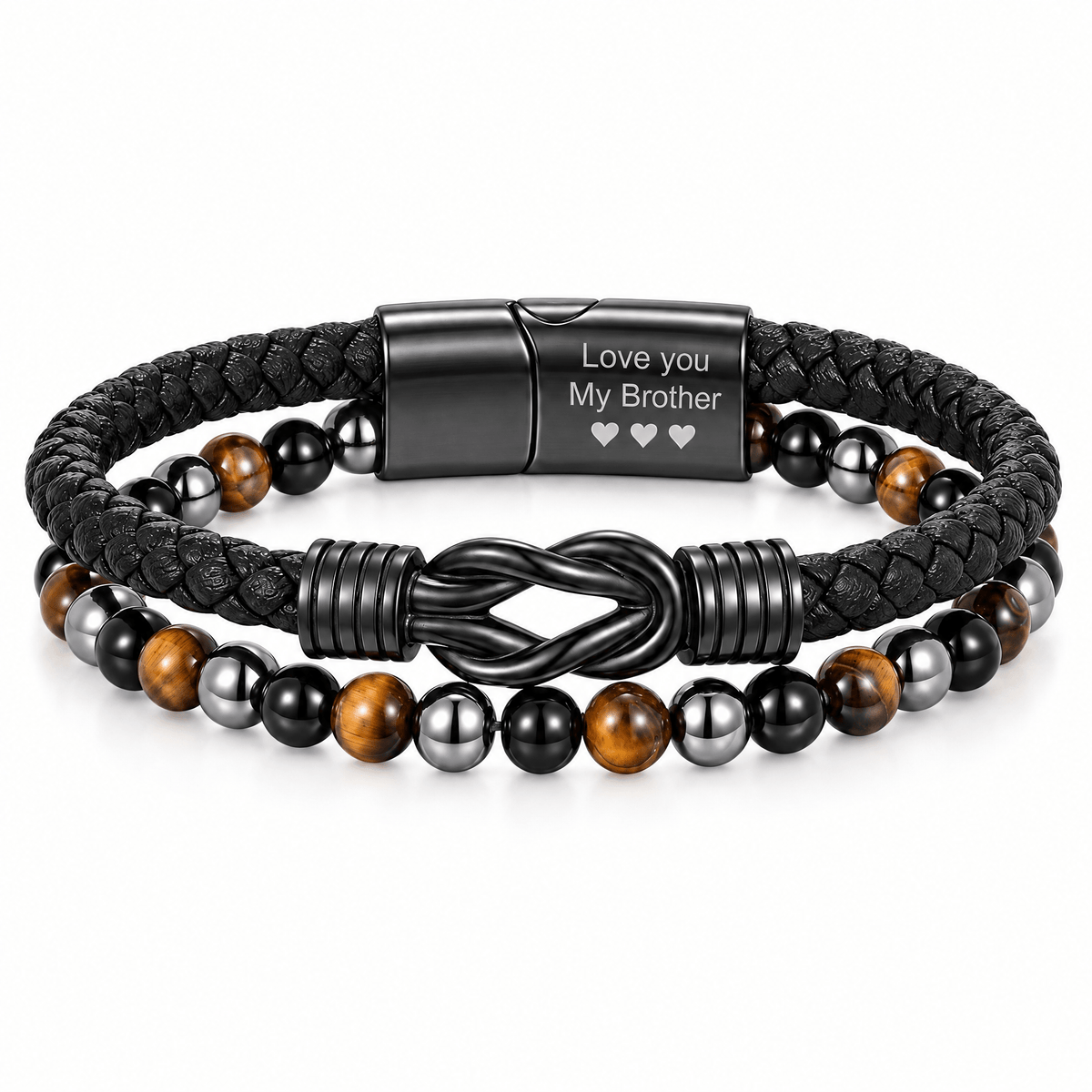 Packshot studio bracelet Alviron noir, double rang posé de face sur fond blanc — gravure Love you / My Brother / ♥ ♥ ♥ restaurée 8 octobre 2026