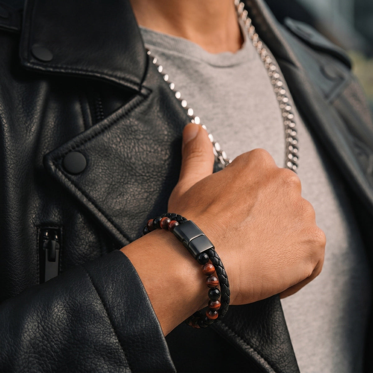 Bracelet personnalisé double rang, pierres naturelles et cordon tressé, fermoir magnétique gravable, pour homme, modèle Etno