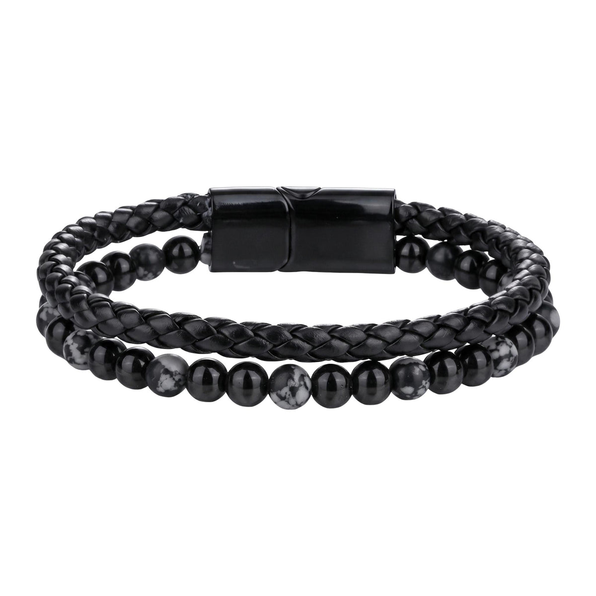 Bracelet personnalisé double rang, pierres naturelles et cordon tressé, fermoir magnétique gravable, pour homme, modèle Etno