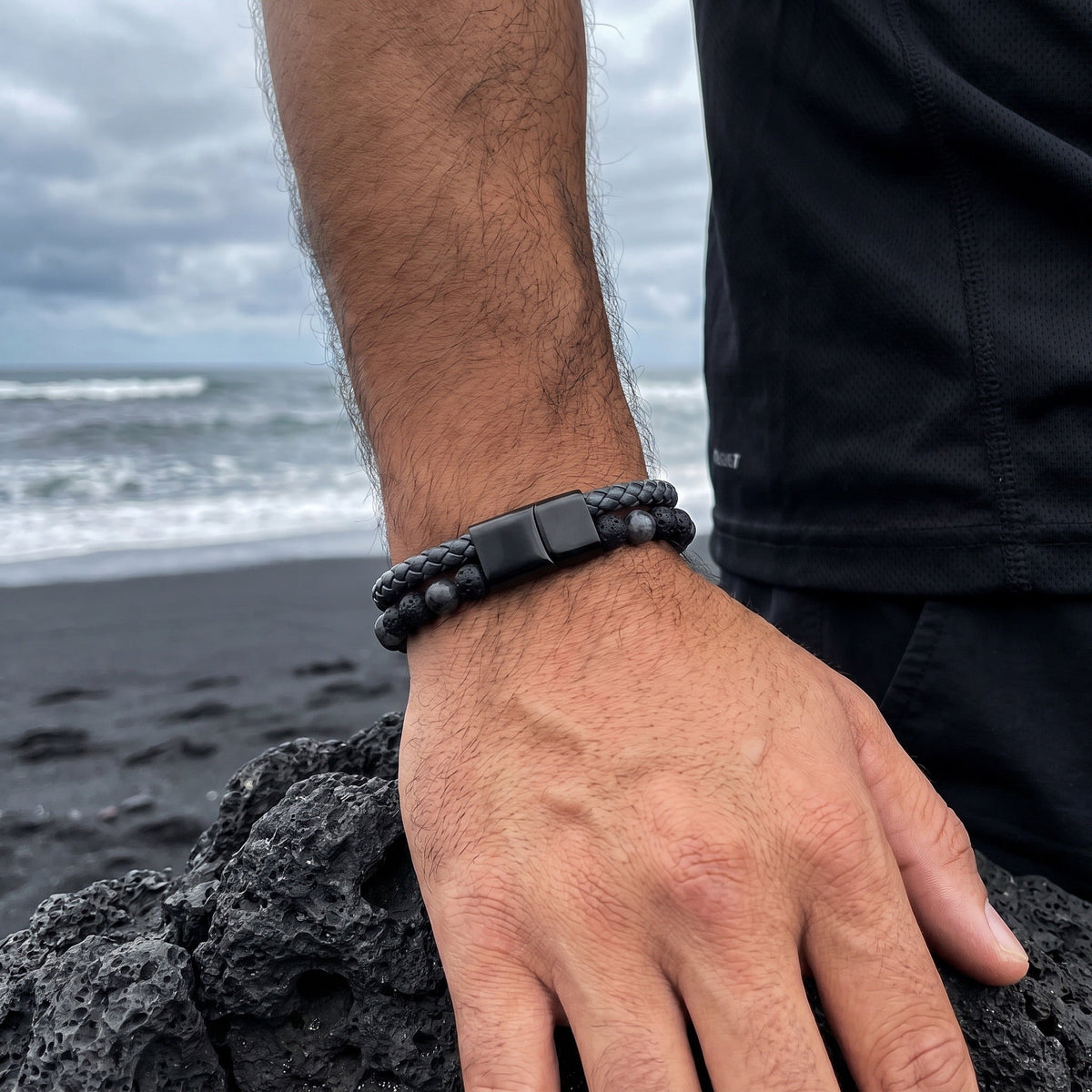 Bracelet personnalisé double rang, pierres naturelles et cordon tressé, fermoir magnétique gravable, pour homme, modèle Etno
