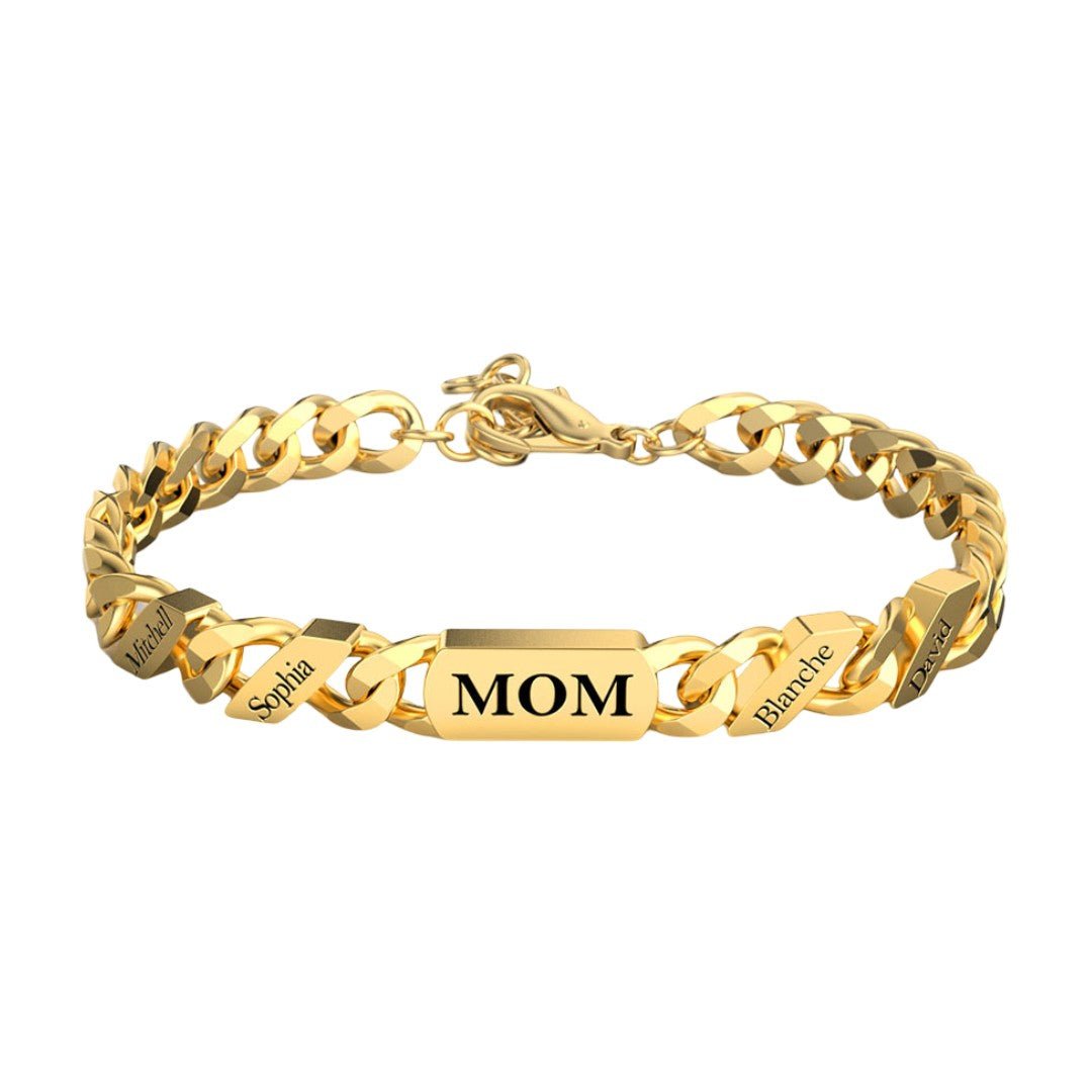 Bracelet en acier inoxydable doré, maille cubaine avec plaque centrale gravée "MOM".