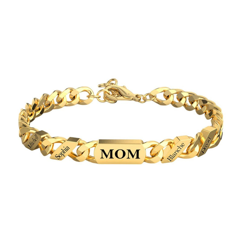 Bracelet en acier inoxydable doré, maille cubaine avec plaque centrale gravée "MOM".