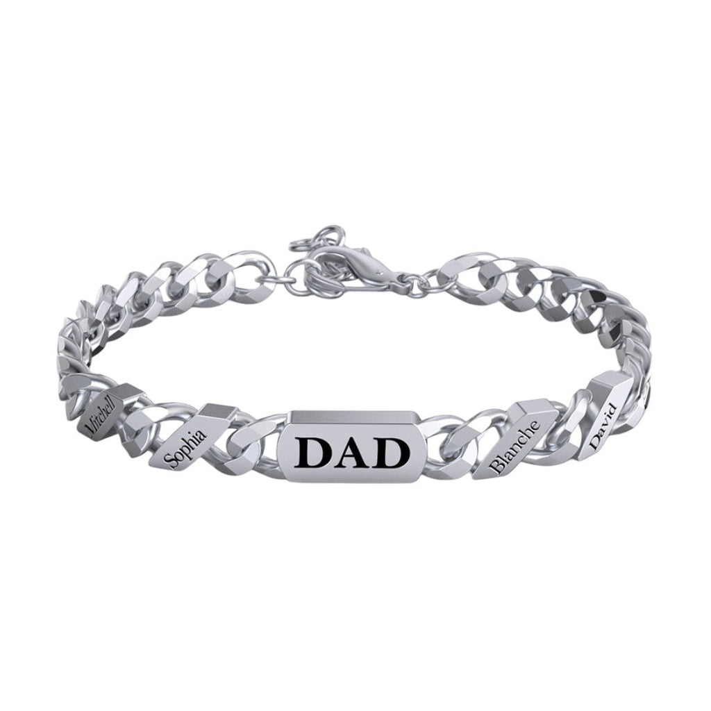 Bracelet en acier inoxydable avec maille cubaine épaisse et plaque gravée "DAD" argentée, fermoir mousqueton.