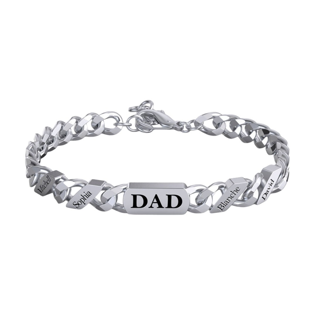 Bracelet en acier inoxydable avec maille cubaine épaisse et plaque gravée "DAD" argentée, fermoir mousqueton.