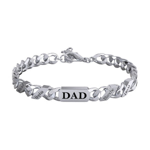 Bracelet en acier inoxydable avec maille cubaine épaisse et plaque gravée "DAD" argentée, fermoir mousqueton.