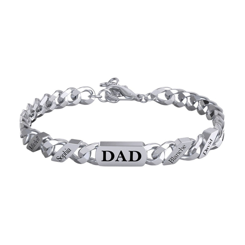Bracelet en acier inoxydable avec maille cubaine épaisse et plaque gravée "DAD" argentée, fermoir mousqueton.
