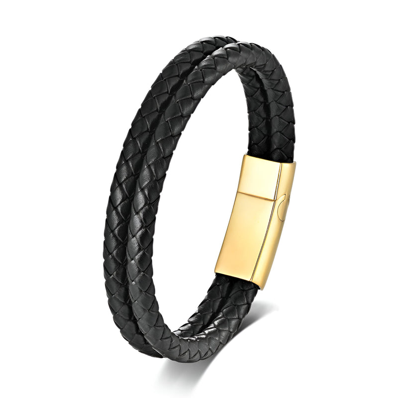 Bracelet double tour en cuir noir tressé avec fermoir doré lisse gravable, style Ezio.