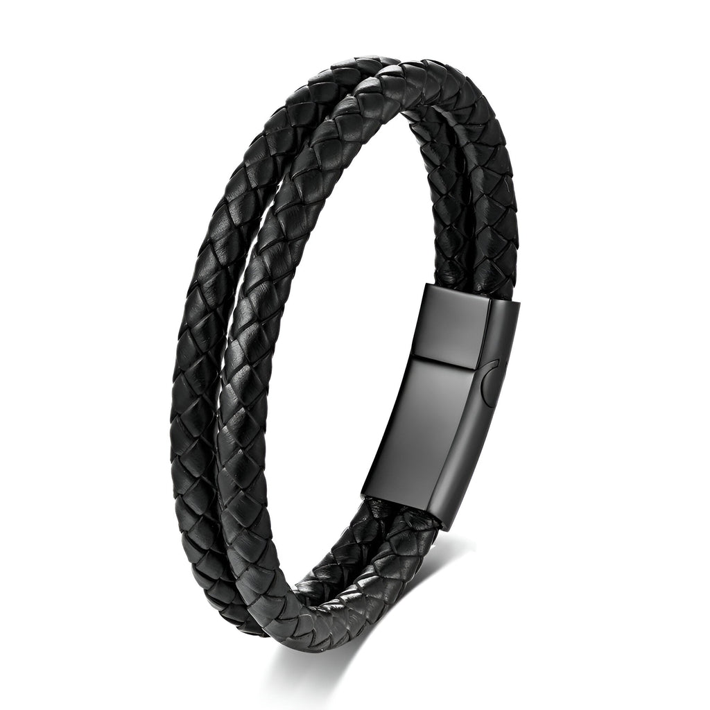 Bracelet homme double tour en cuir tressé noir avec fermoir métallique noir gravable.