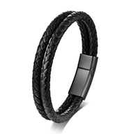 Bracelet homme double tour en cuir tressé noir avec fermoir métallique noir gravable.