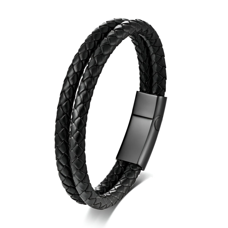 Bracelet homme double tour en cuir tressé noir avec fermoir métallique noir gravable.